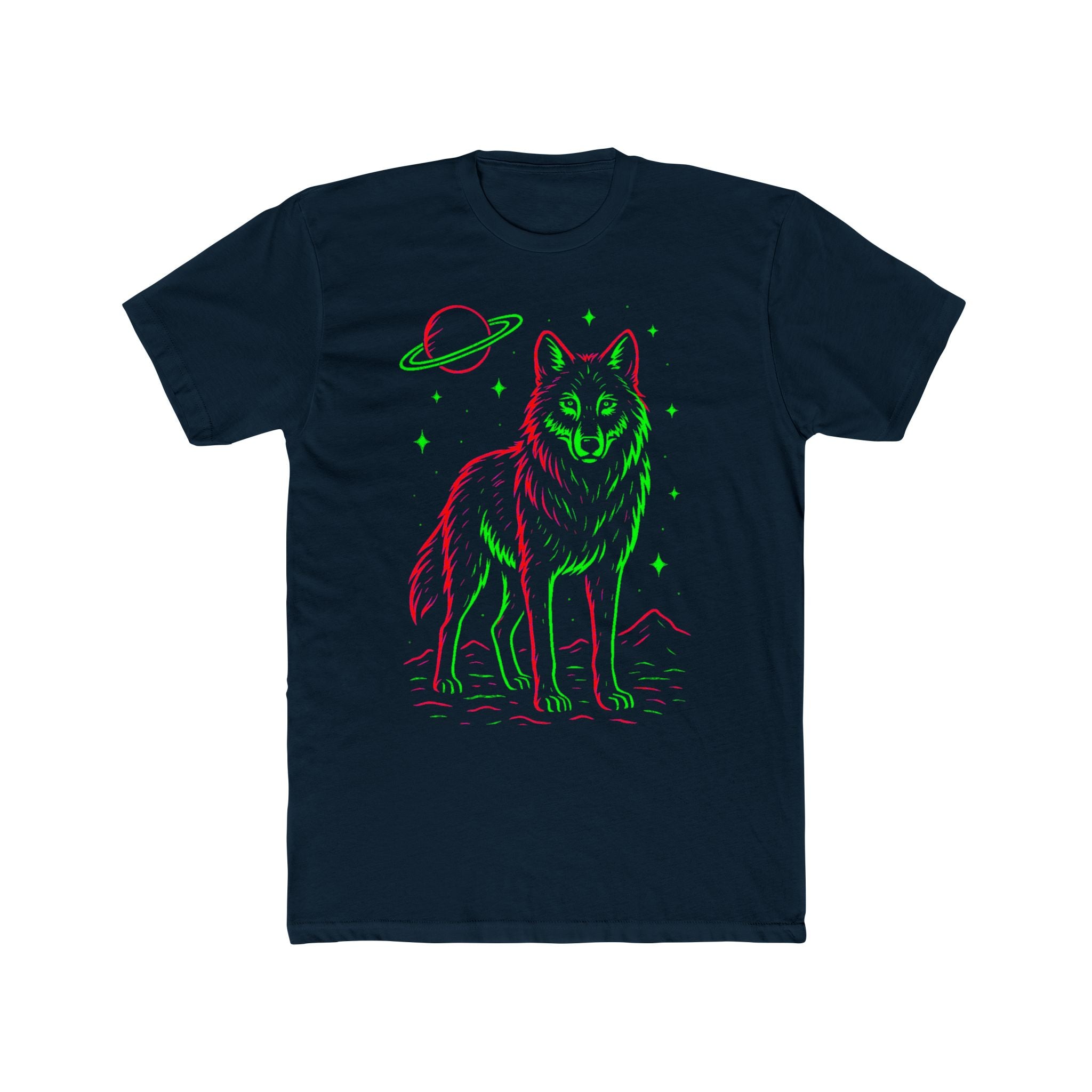 Neon Cosmic Wolf T‑Shirt — Retro Planet Graphic Tee