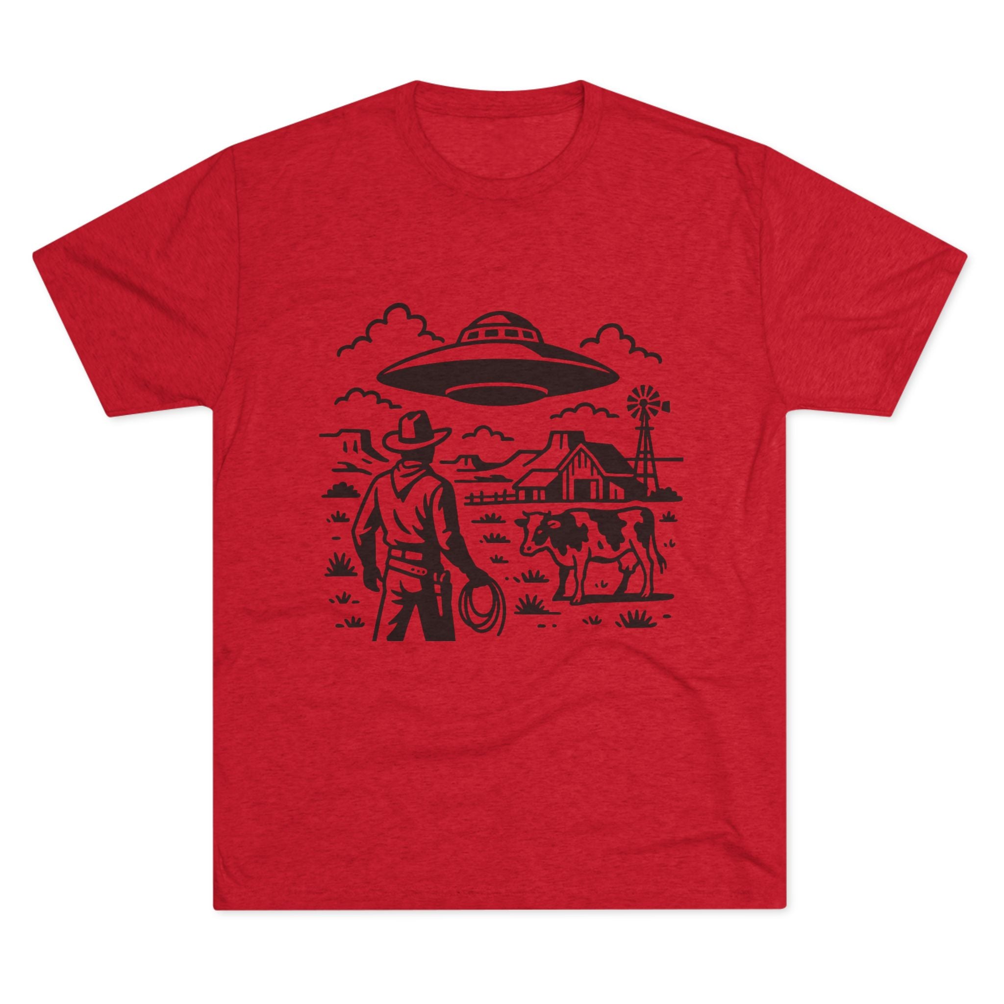 Cowboy Standoff with UFO Tee | Alien Abduction Farm T-Shirt