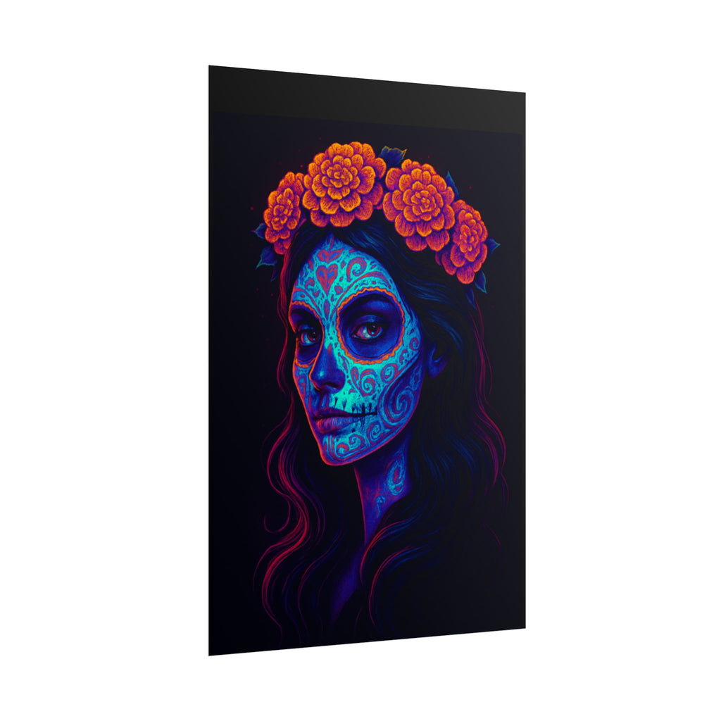 Day of the Dead Sugar Skull Rolled Poster — Neon Floral Calavera Wall Art