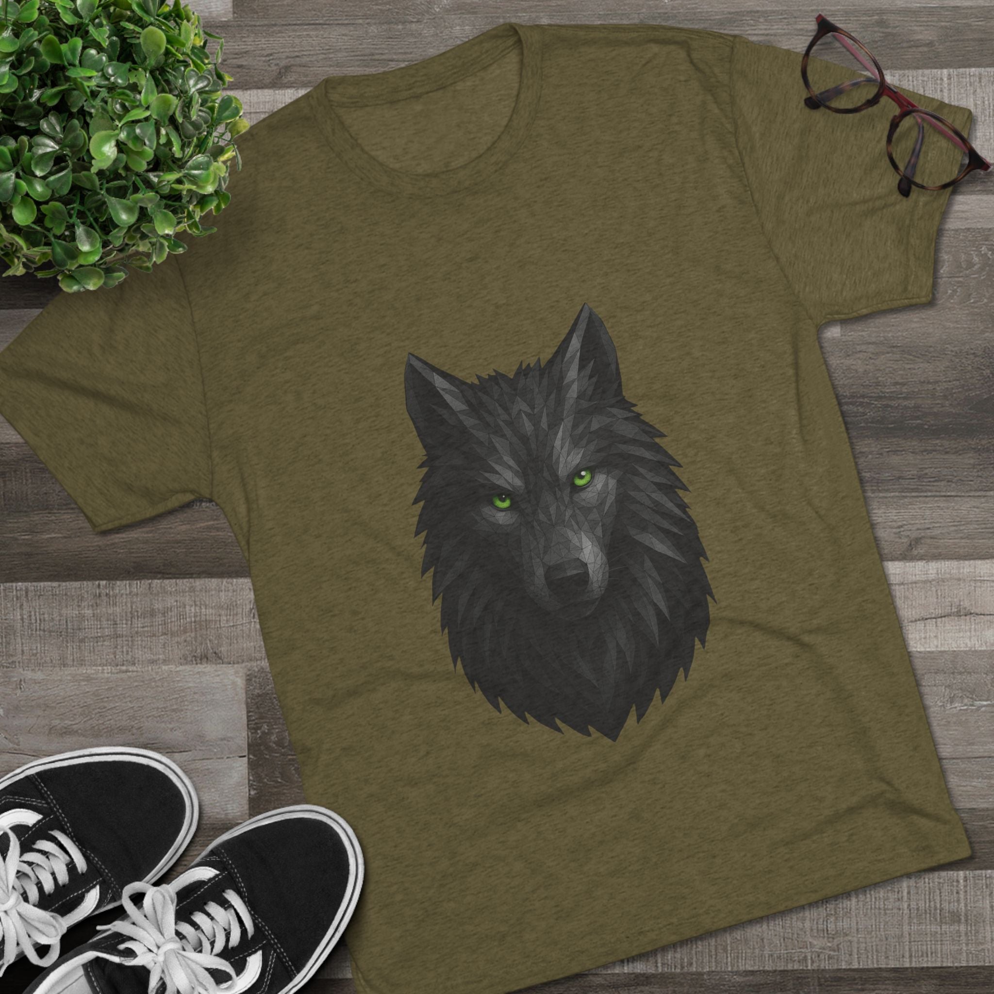 Black Wolf Head with Green Eyes T-Shirt | Wolf Portrait Tee