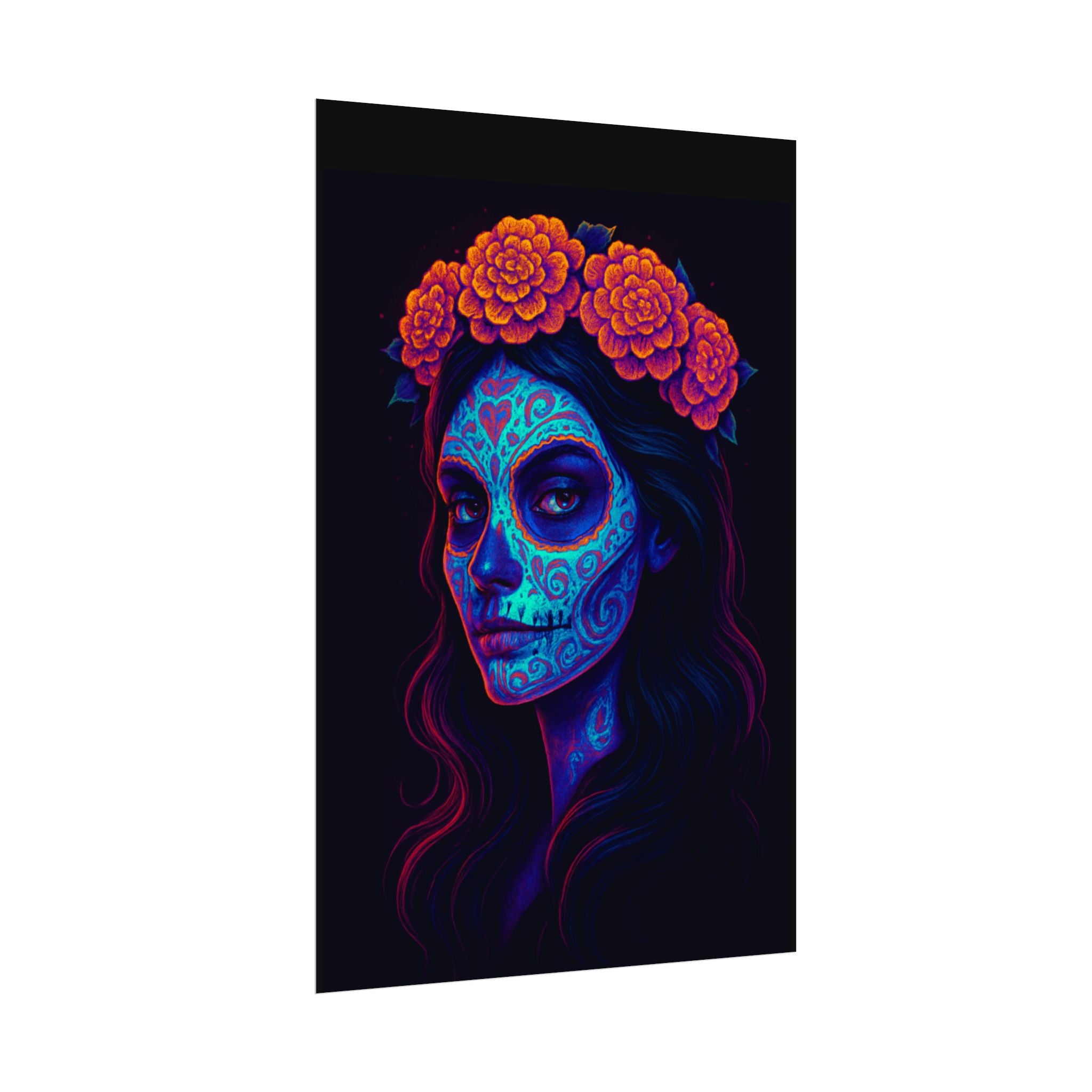 Day of the Dead Sugar Skull Rolled Poster — Neon Floral Calavera Wall Art