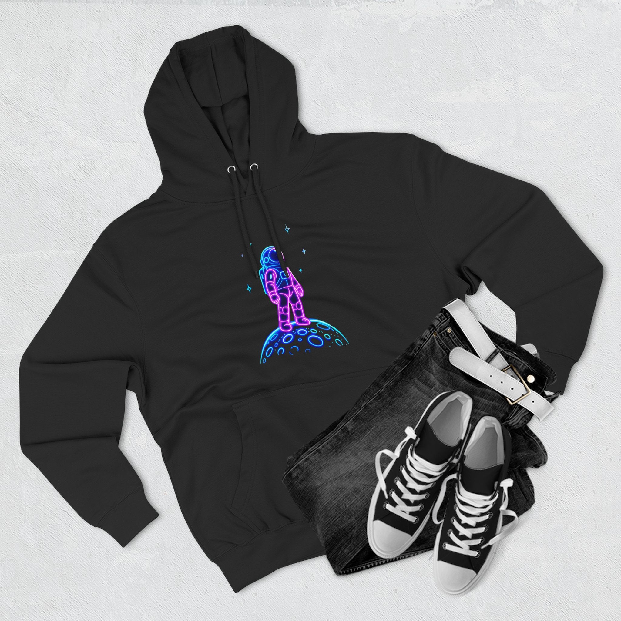 Astronaut Neon Hoodie — Retro Space Graphic Fleece Pullover