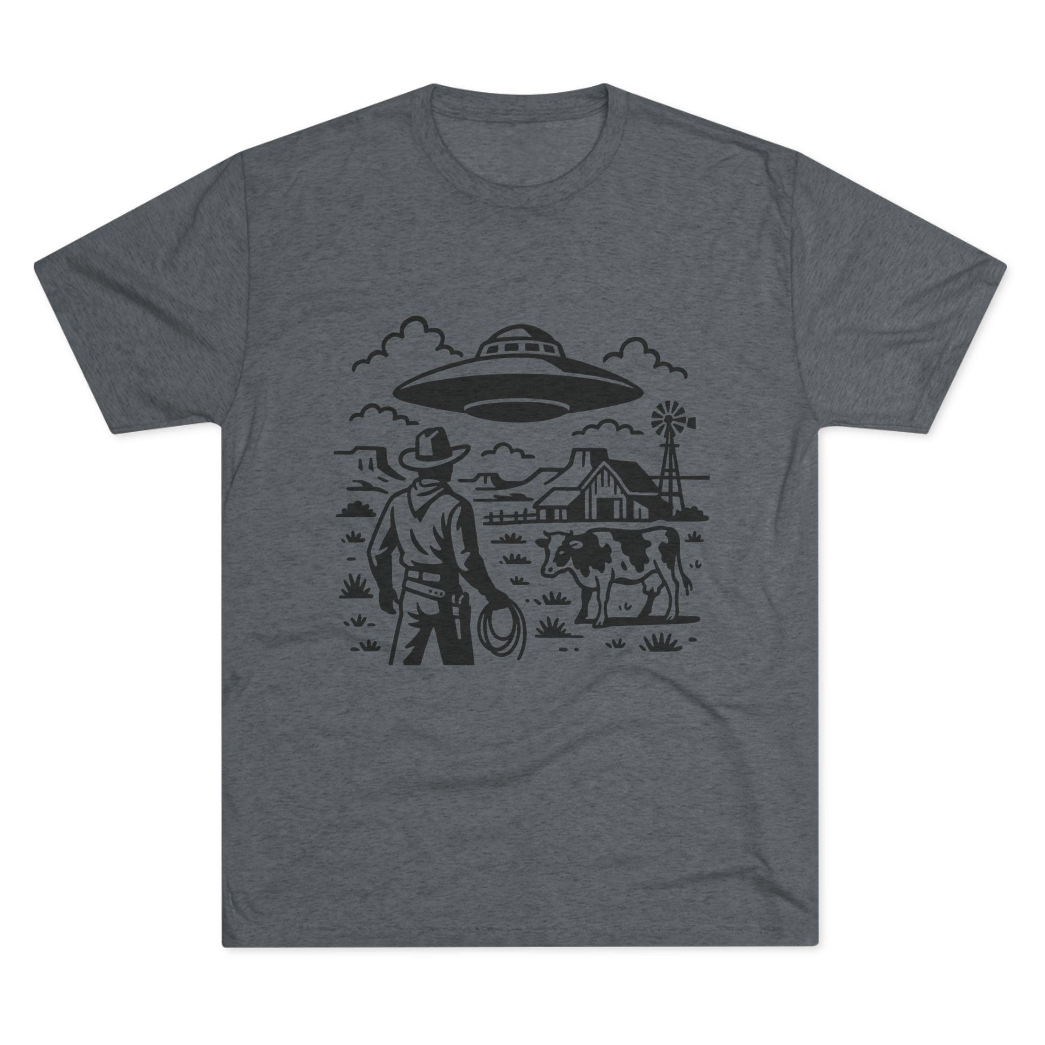 Cowboy Standoff with UFO Tee | Alien Abduction Farm T-Shirt