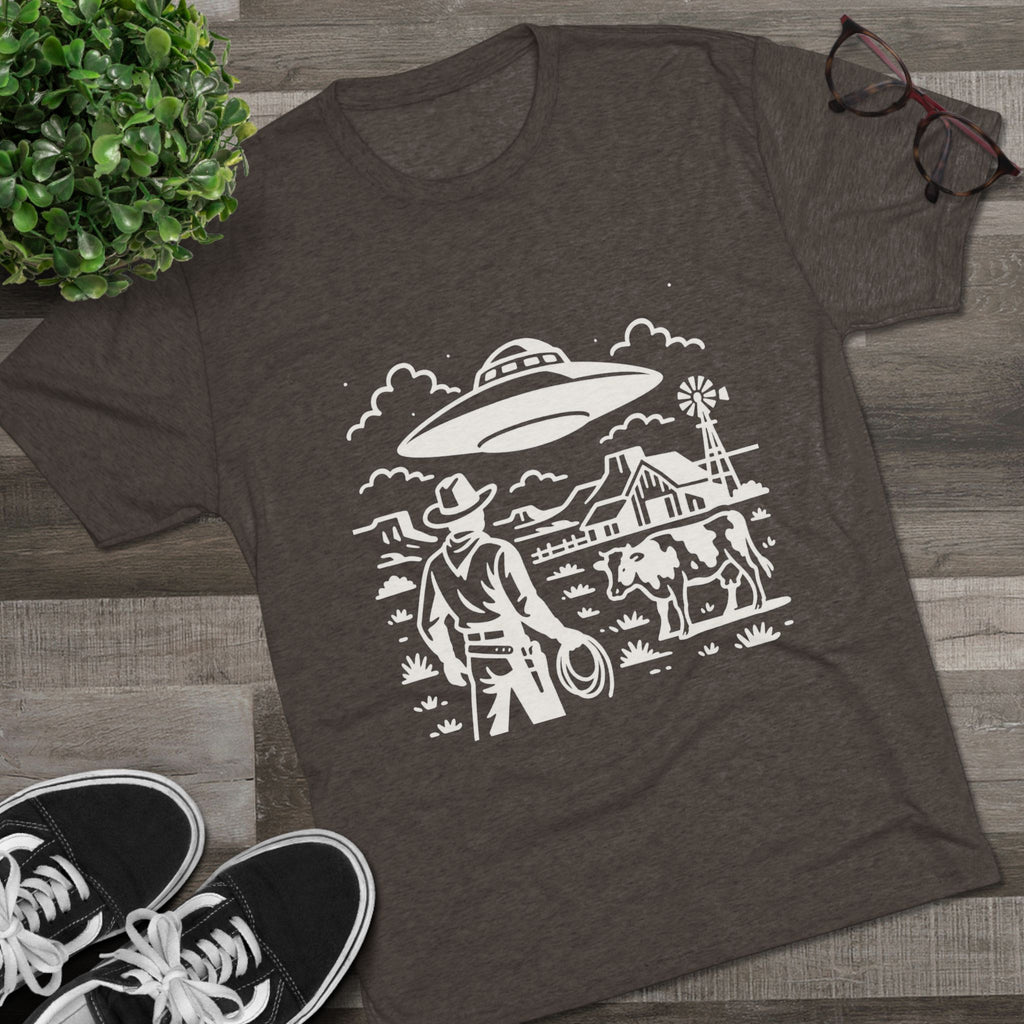 Cowboy Standoff with UFO Tee | Alien Abduction Farm T-Shirt