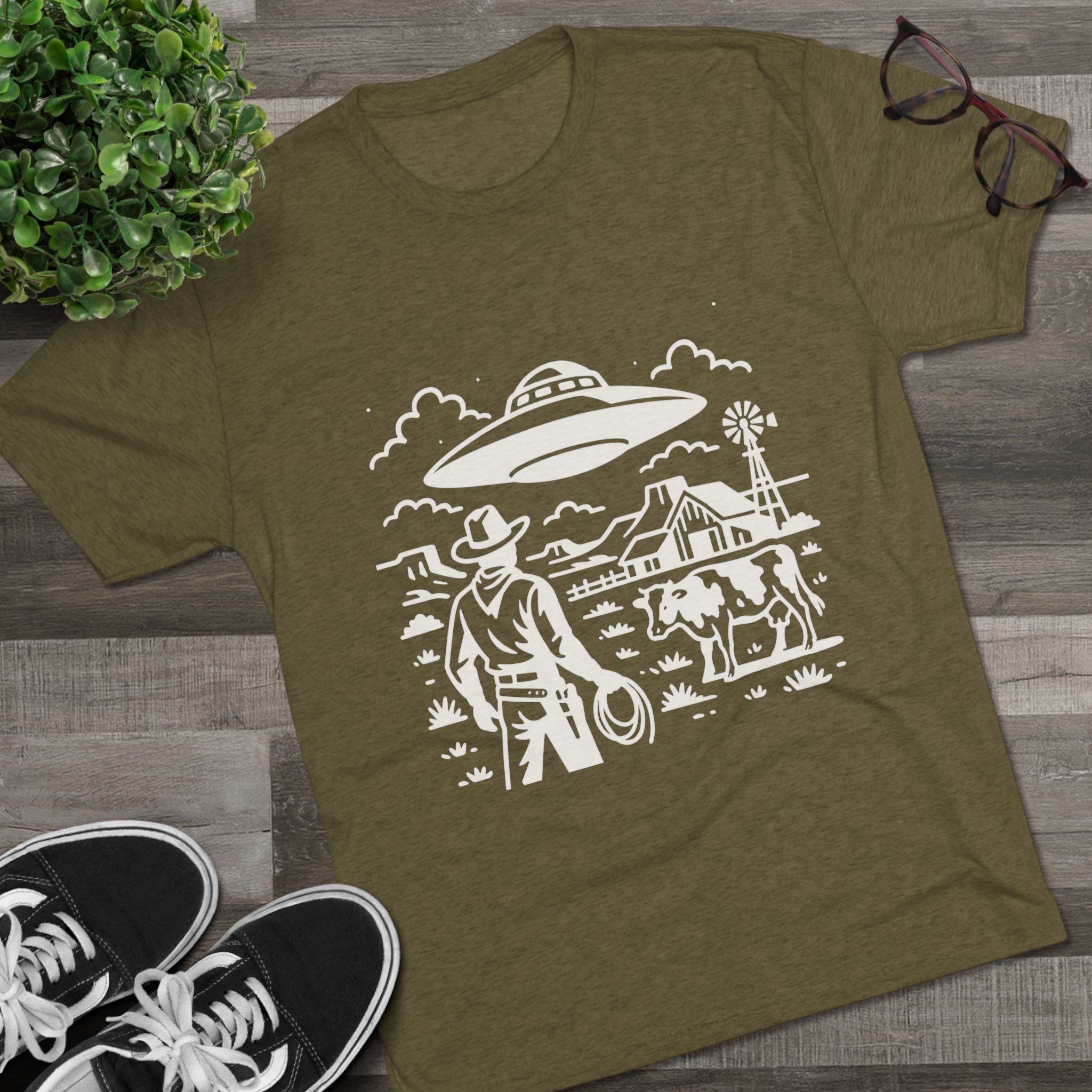 Cowboy Standoff with UFO Tee | Alien Abduction Farm T-Shirt