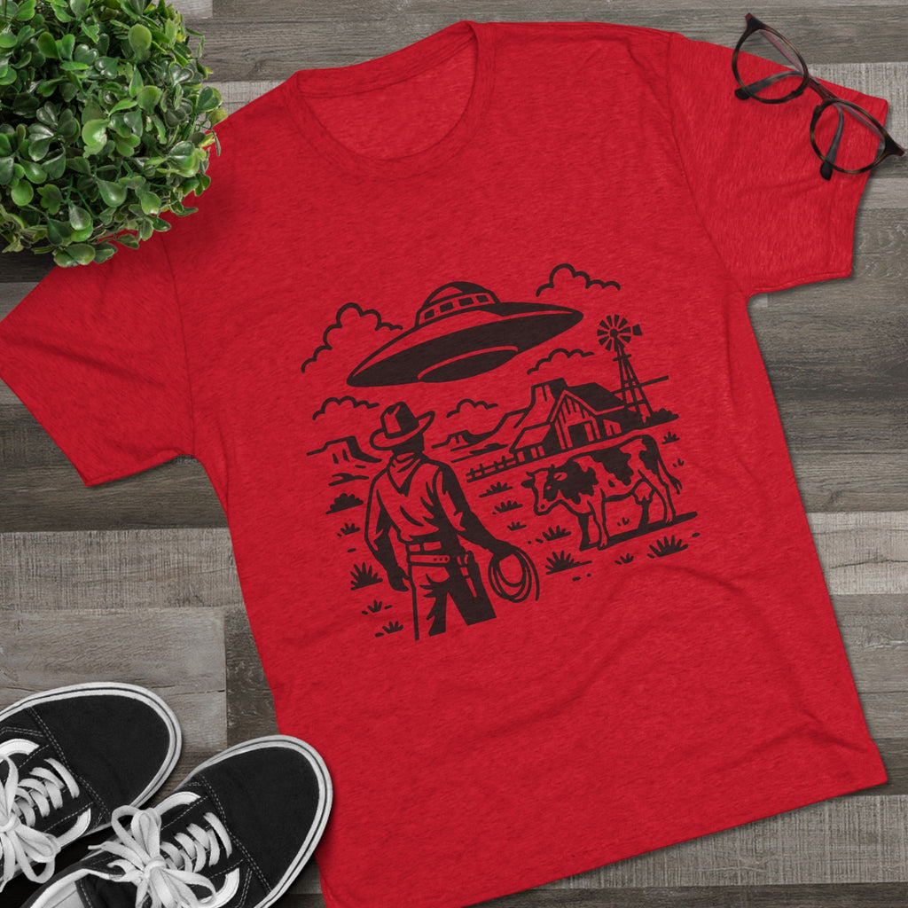 Cowboy Standoff with UFO Tee | Alien Abduction Farm T-Shirt