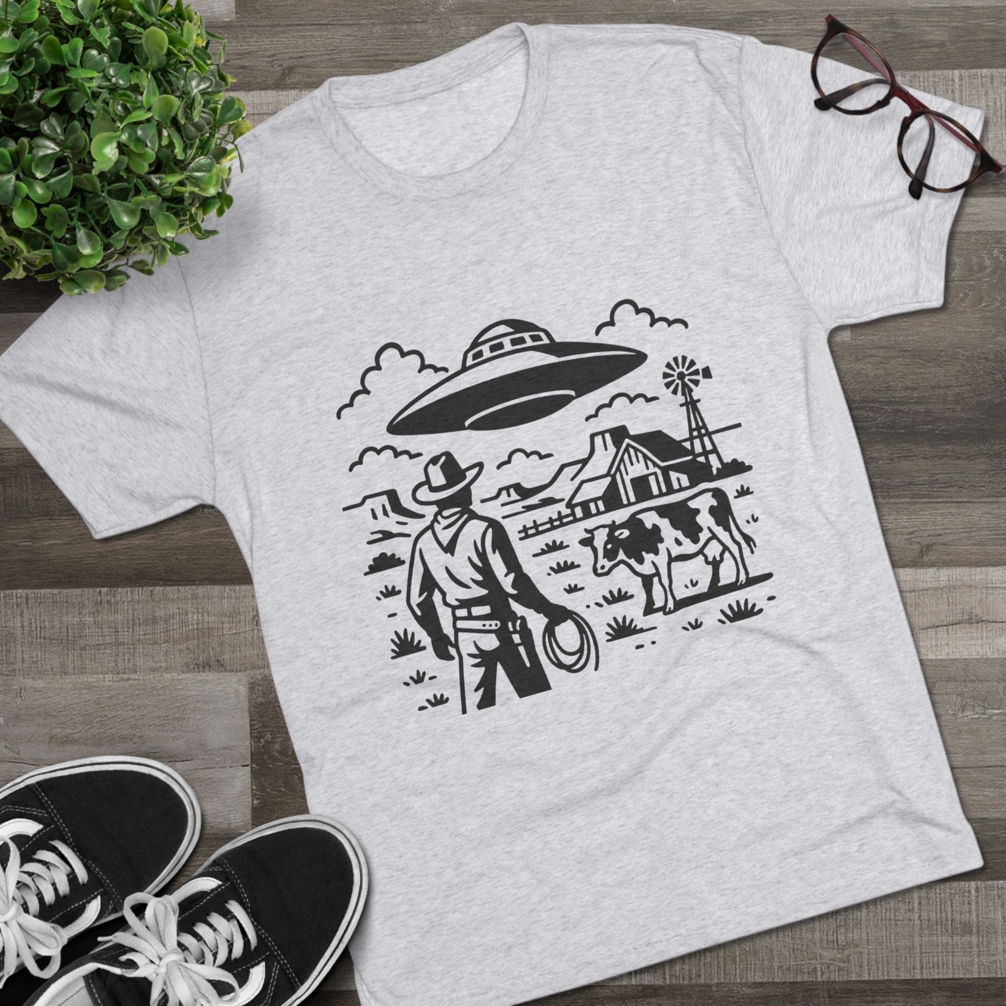 Cowboy Standoff with UFO Tee | Alien Abduction Farm T-Shirt
