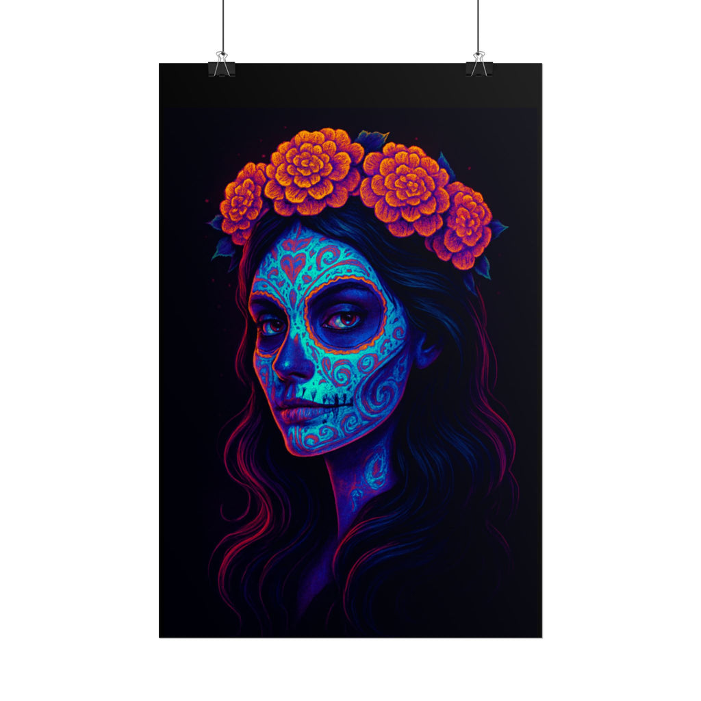 Day of the Dead Sugar Skull Rolled Poster — Neon Floral Calavera Wall Art