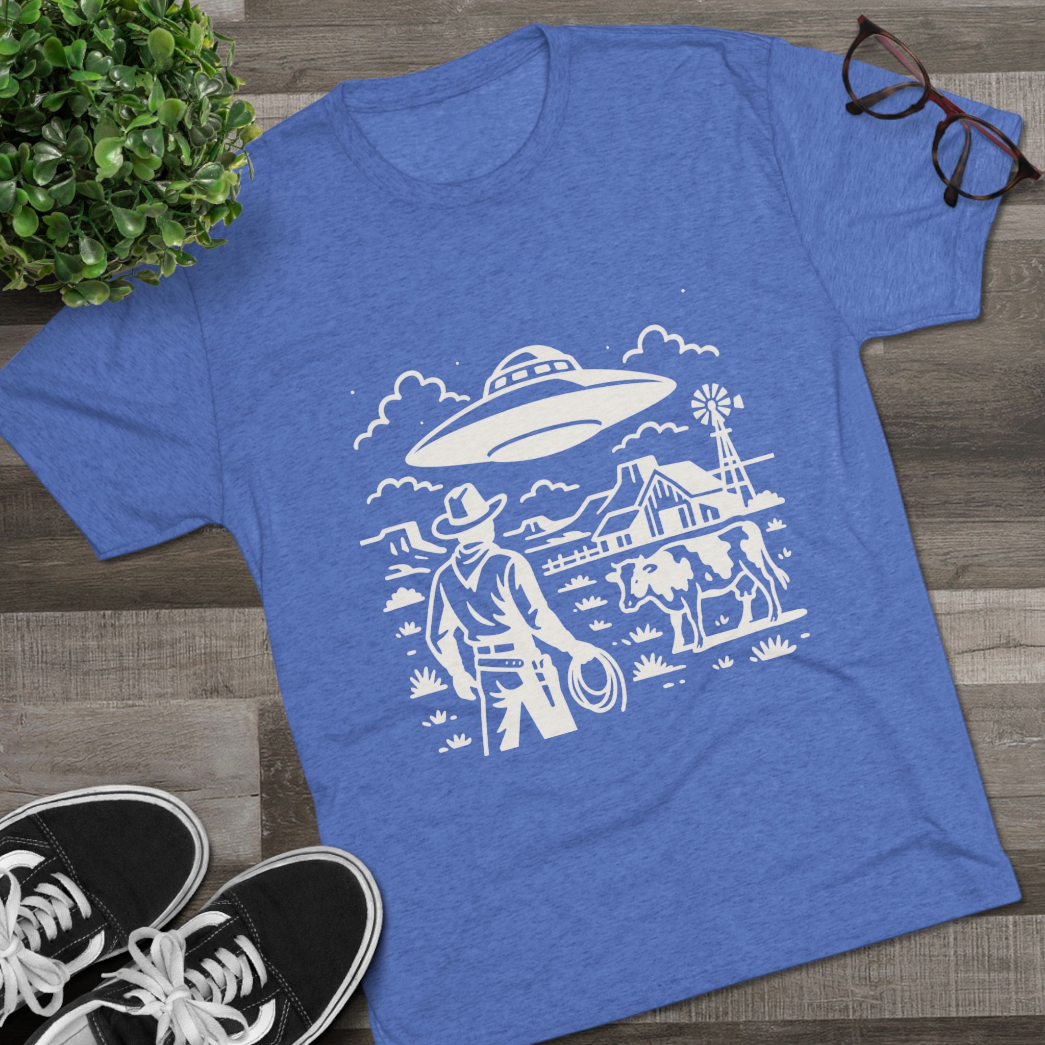 Cowboy Standoff with UFO Tee | Alien Abduction Farm T-Shirt