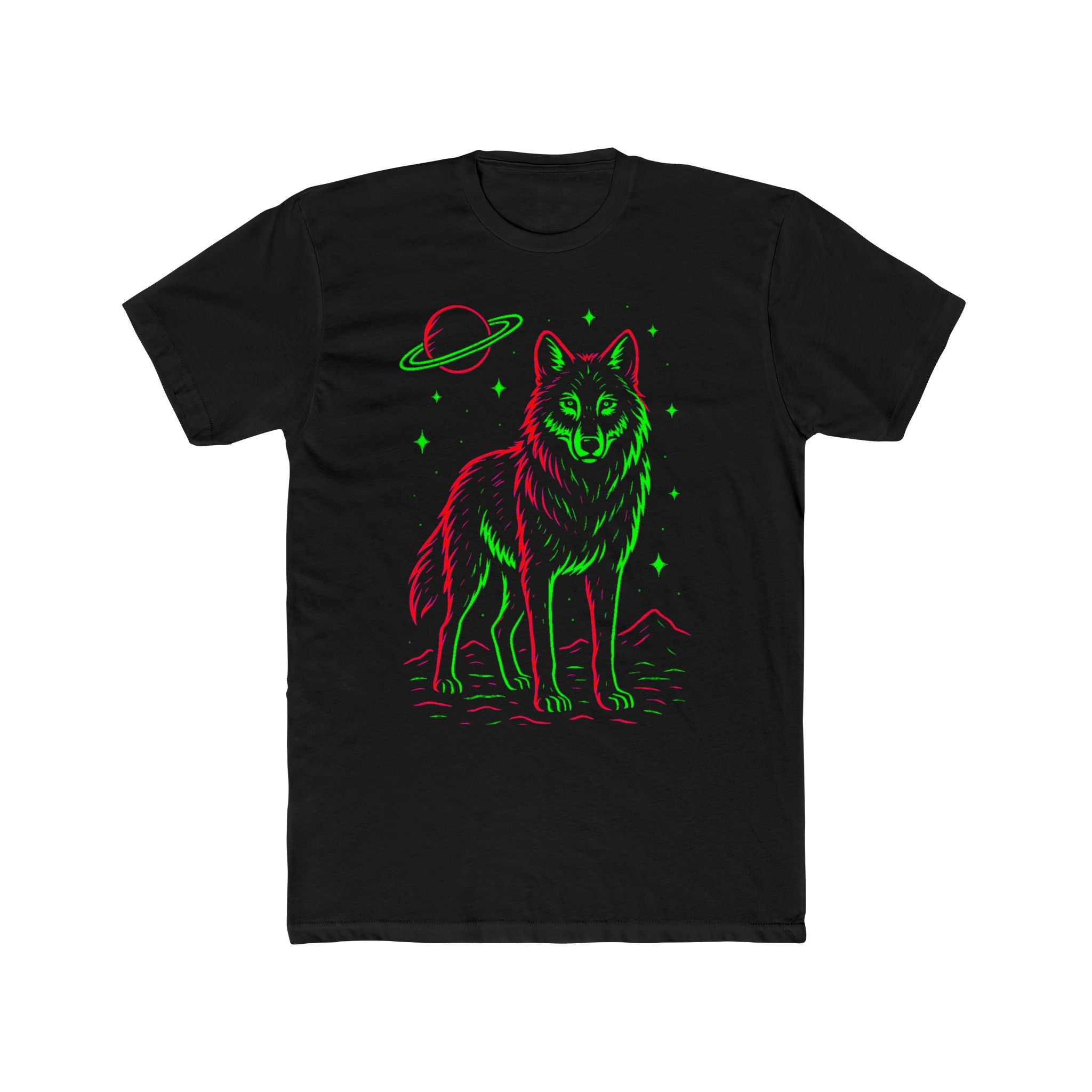 Neon Cosmic Wolf T‑Shirt — Retro Planet Graphic Tee