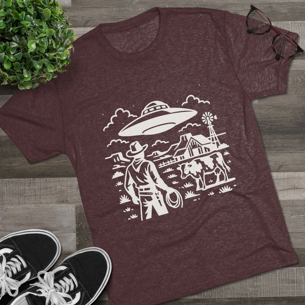 Cowboy Standoff with UFO Tee | Alien Abduction Farm T-Shirt