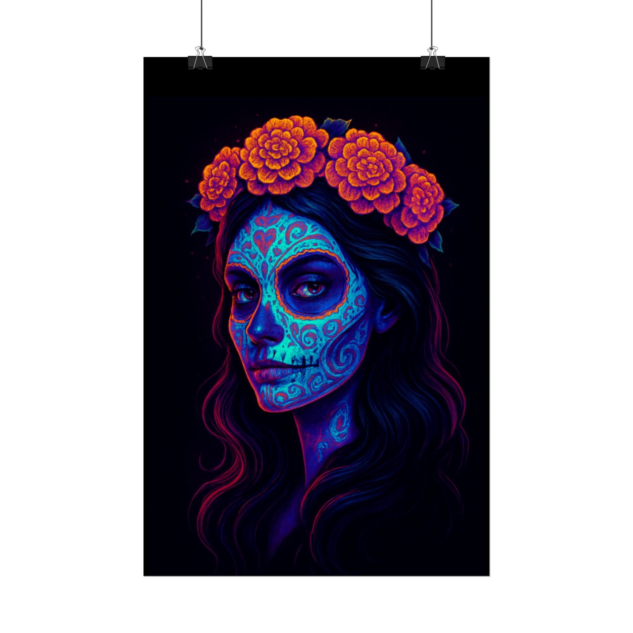 Day of the Dead Sugar Skull Rolled Poster — Neon Floral Calavera Wall Art