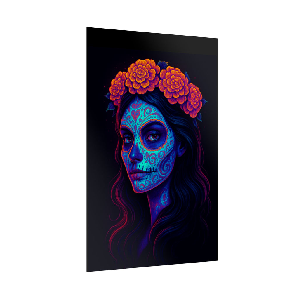Day of the Dead Sugar Skull Rolled Poster — Neon Floral Calavera Wall Art