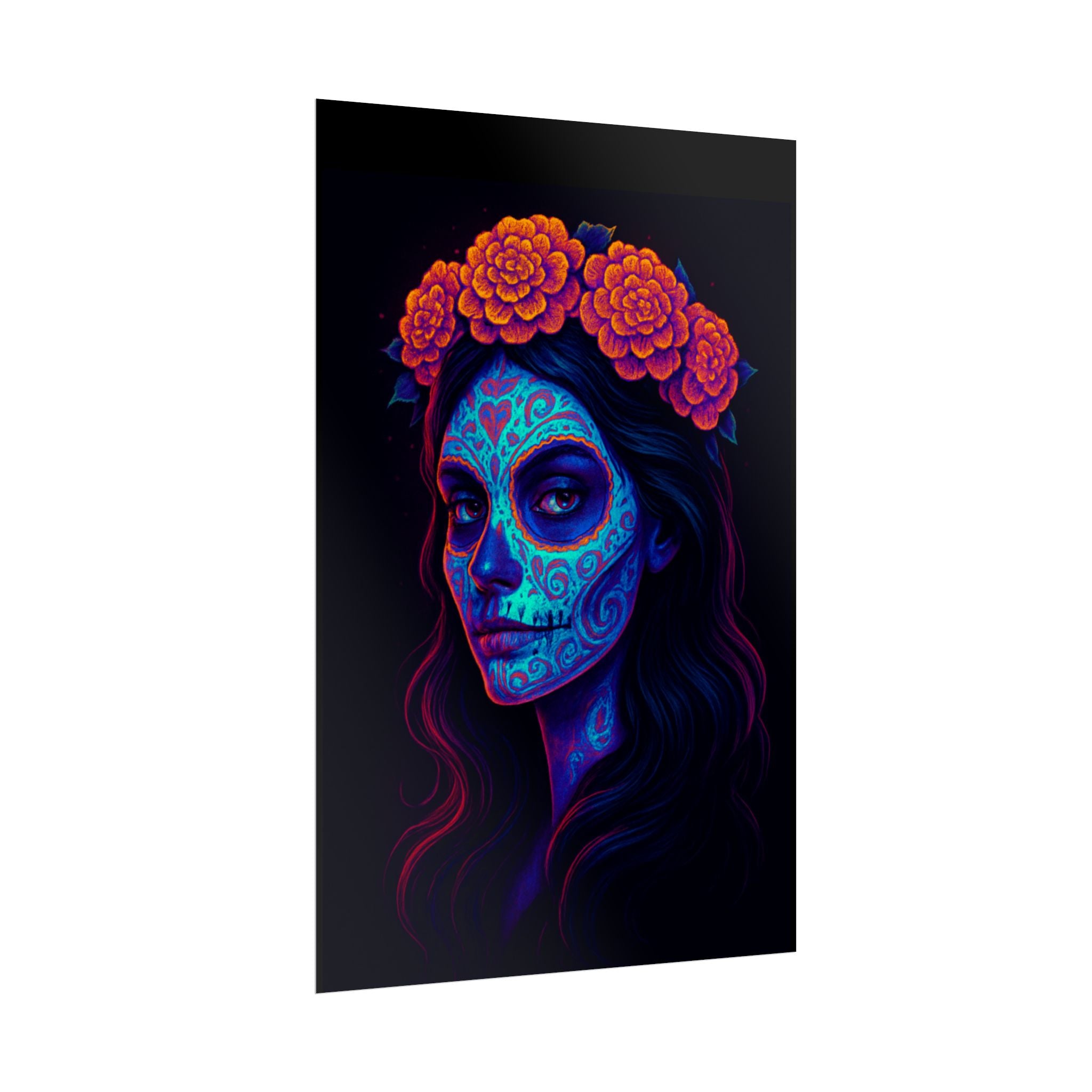 Day of the Dead Sugar Skull Rolled Poster — Neon Floral Calavera Wall Art