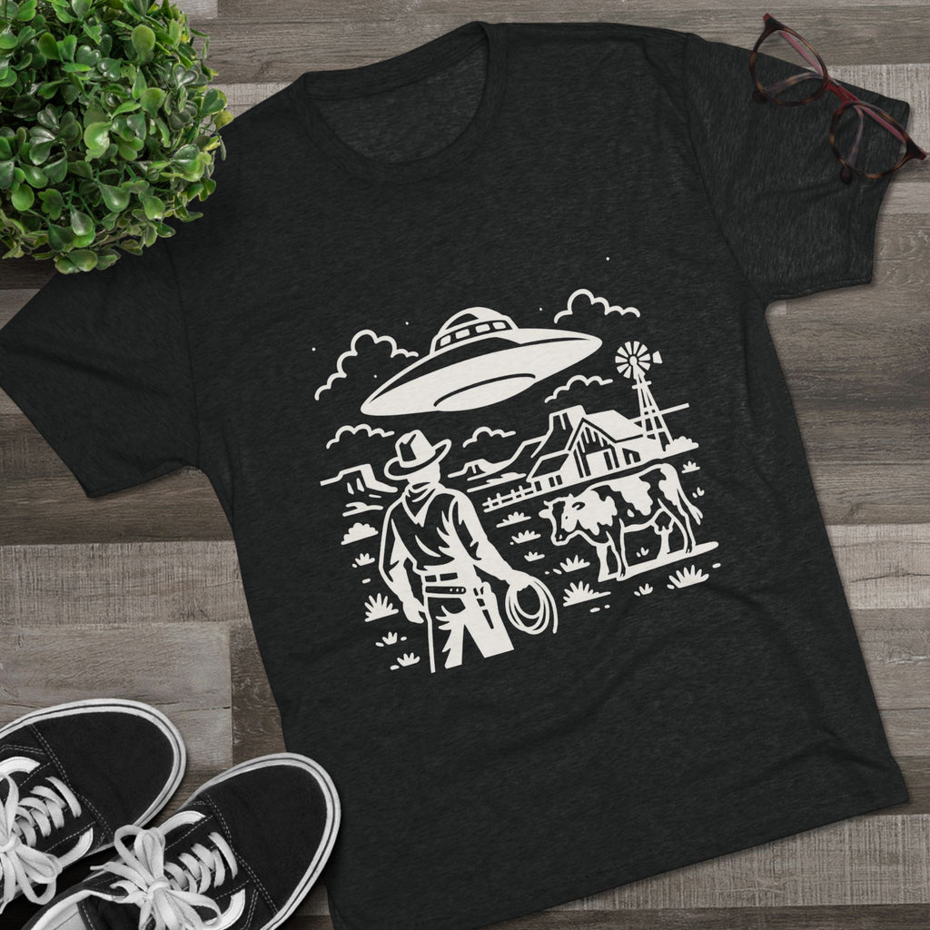 Cowboy Standoff with UFO Tee | Alien Abduction Farm T-Shirt