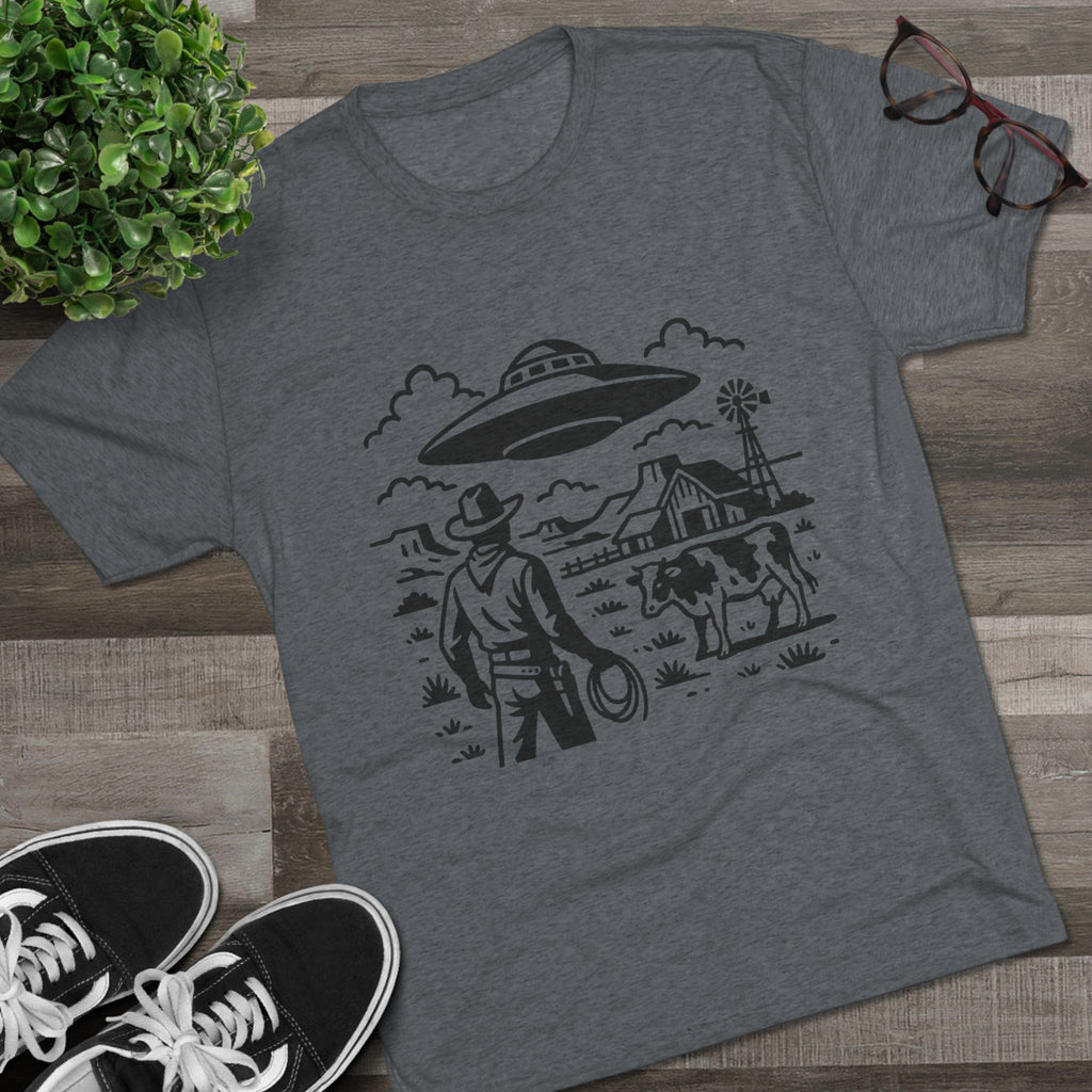 Cowboy Standoff with UFO Tee | Alien Abduction Farm T-Shirt