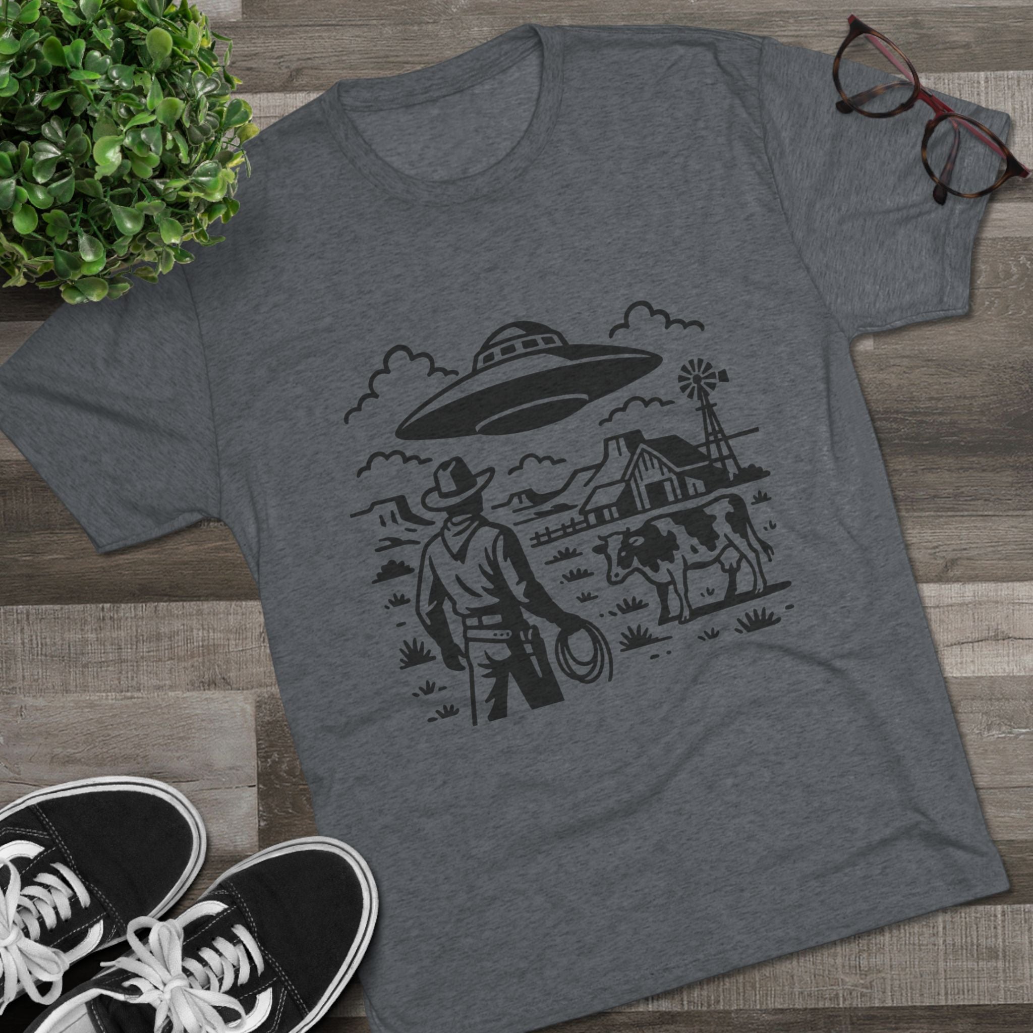 Cowboy Standoff with UFO Tee | Alien Abduction Farm T-Shirt