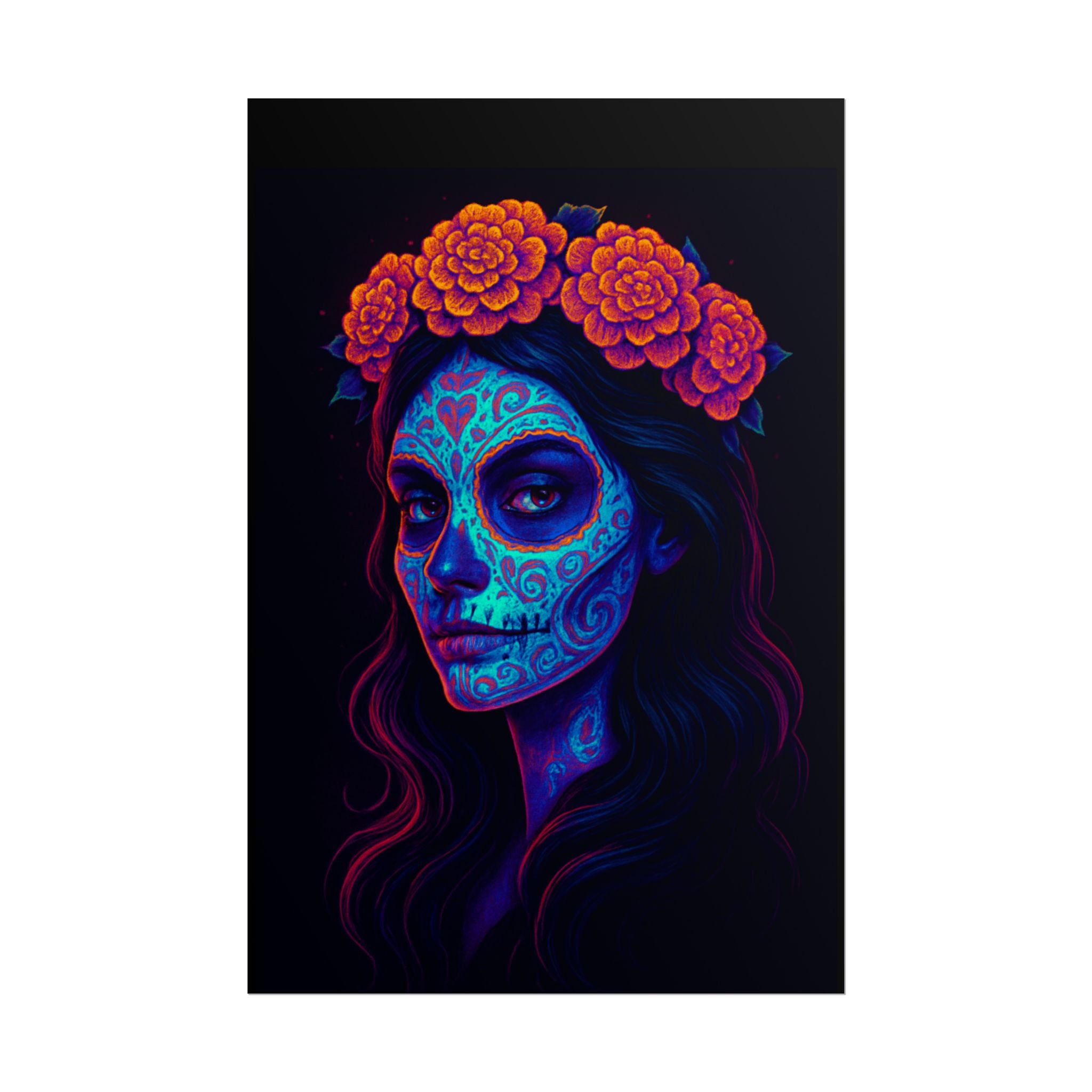 Day of the Dead Sugar Skull Rolled Poster — Neon Floral Calavera Wall Art