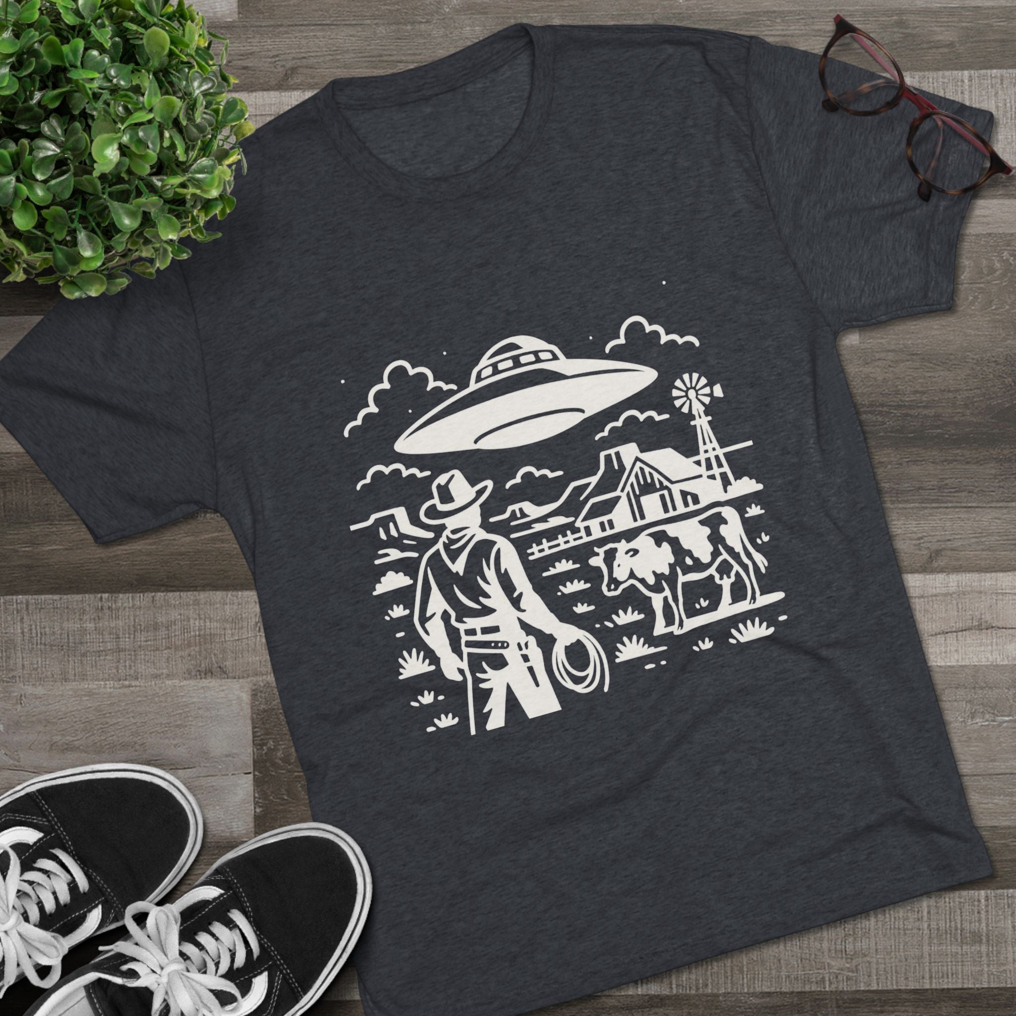 Cowboy Standoff with UFO Tee | Alien Abduction Farm T-Shirt