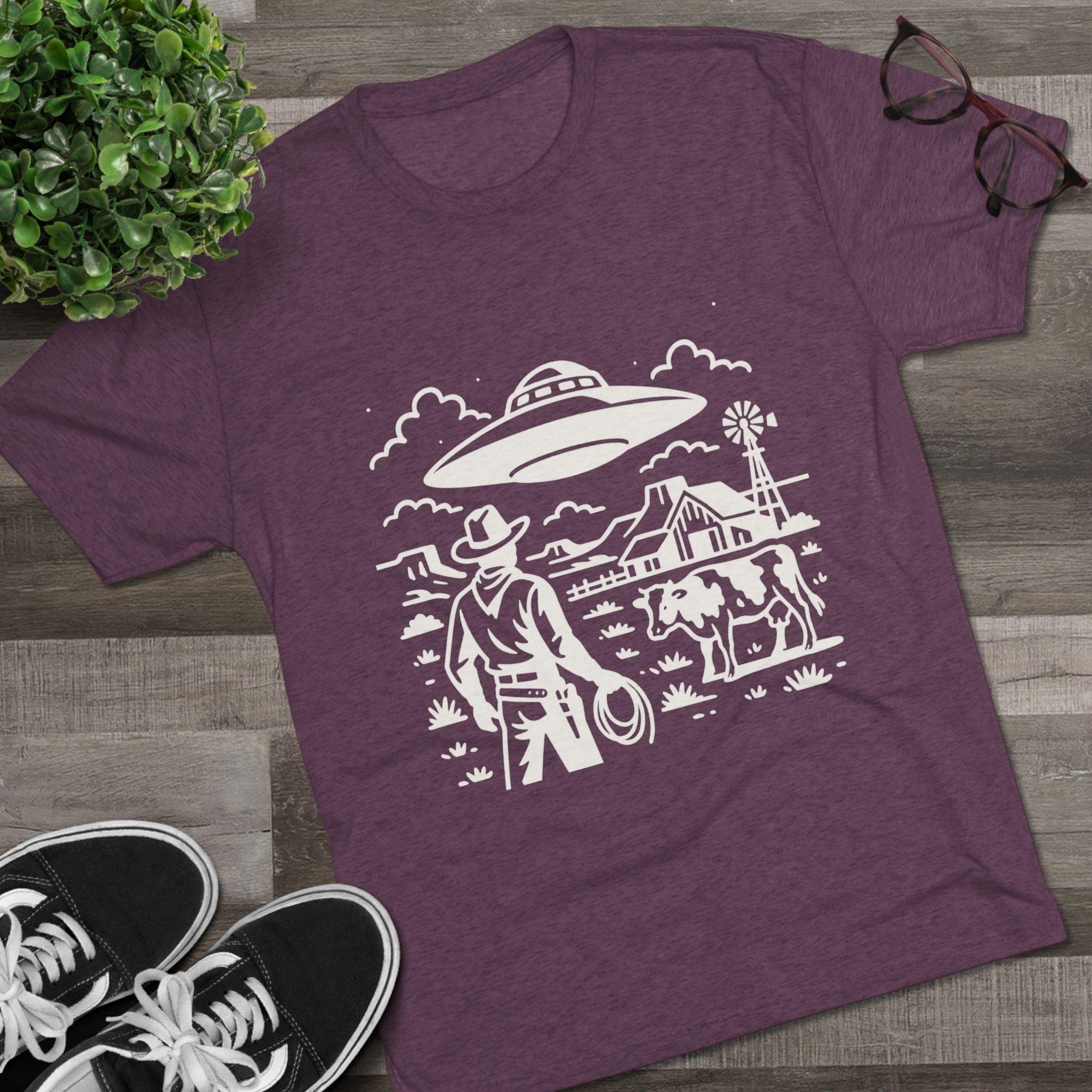 Cowboy Standoff with UFO Tee | Alien Abduction Farm T-Shirt