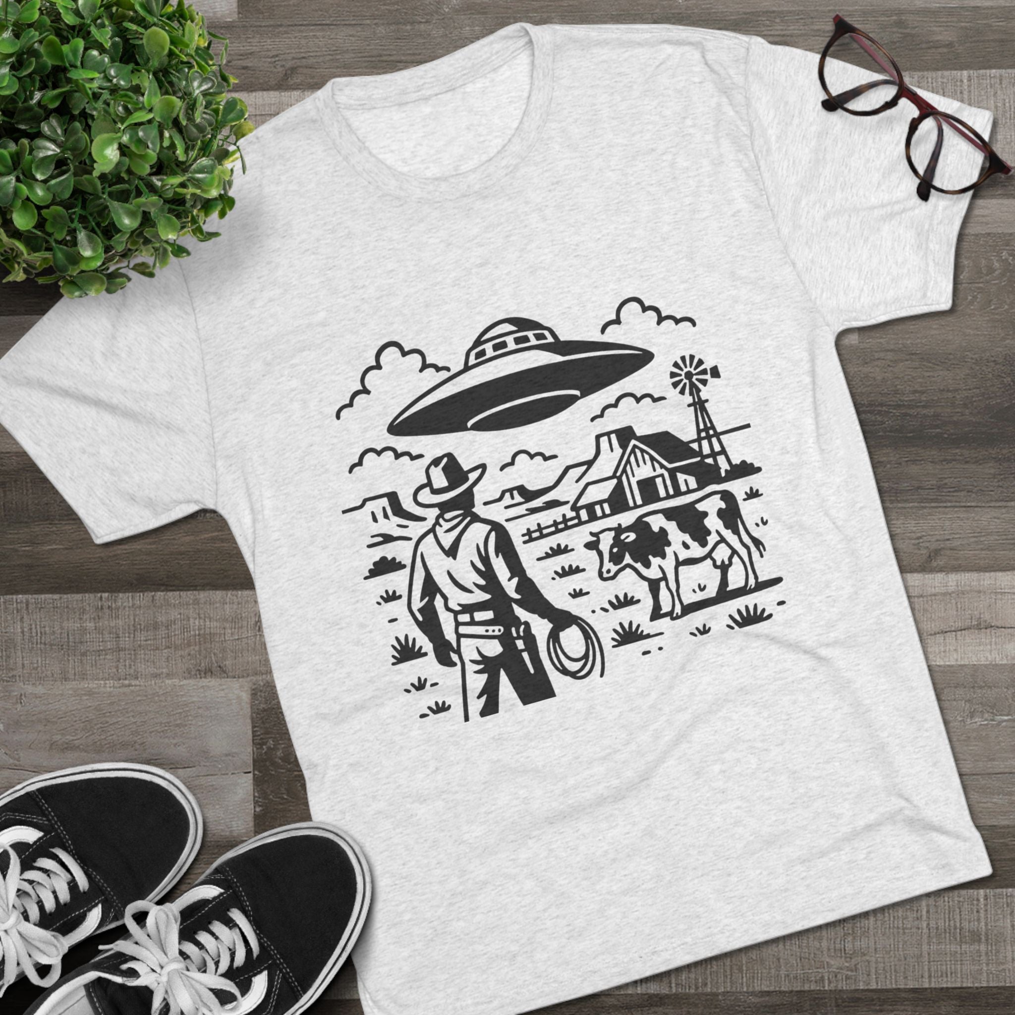 Cowboy Standoff with UFO Tee | Alien Abduction Farm T-Shirt