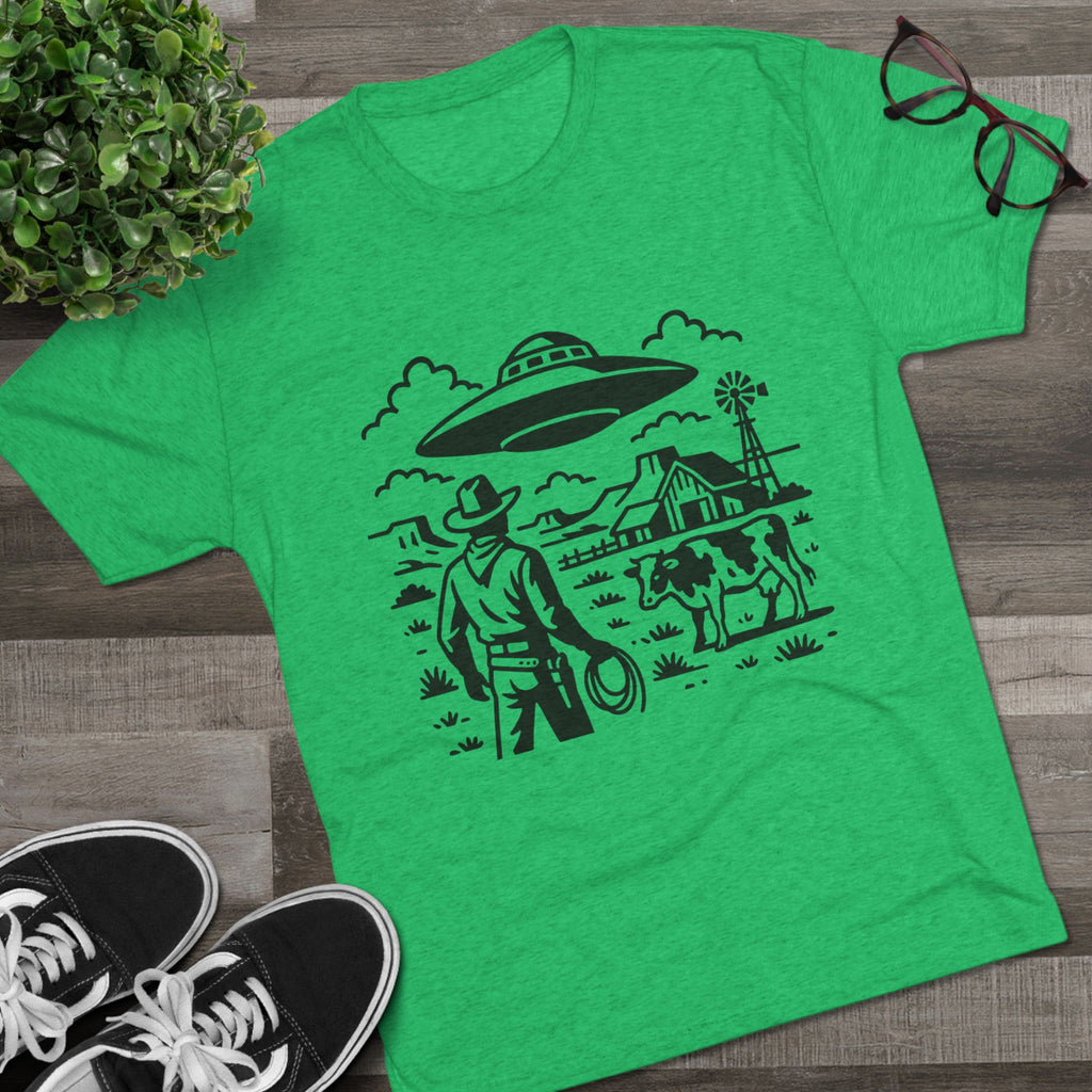 Cowboy Standoff with UFO Tee | Alien Abduction Farm T-Shirt