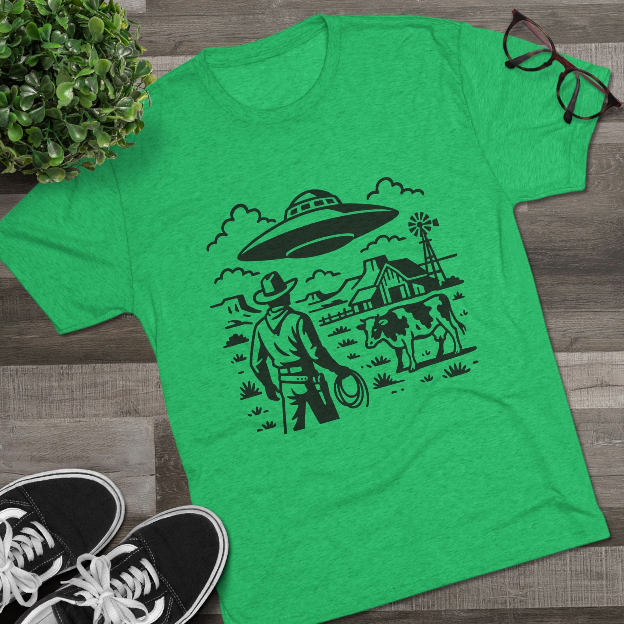 Cowboy Standoff with UFO Tee | Alien Abduction Farm T-Shirt