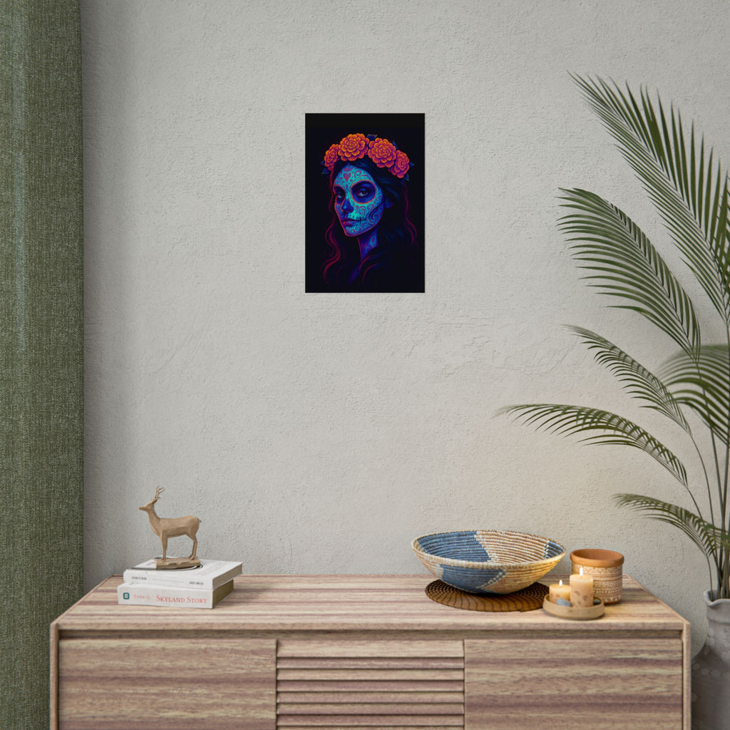 Day of the Dead Sugar Skull Rolled Poster — Neon Floral Calavera Wall Art