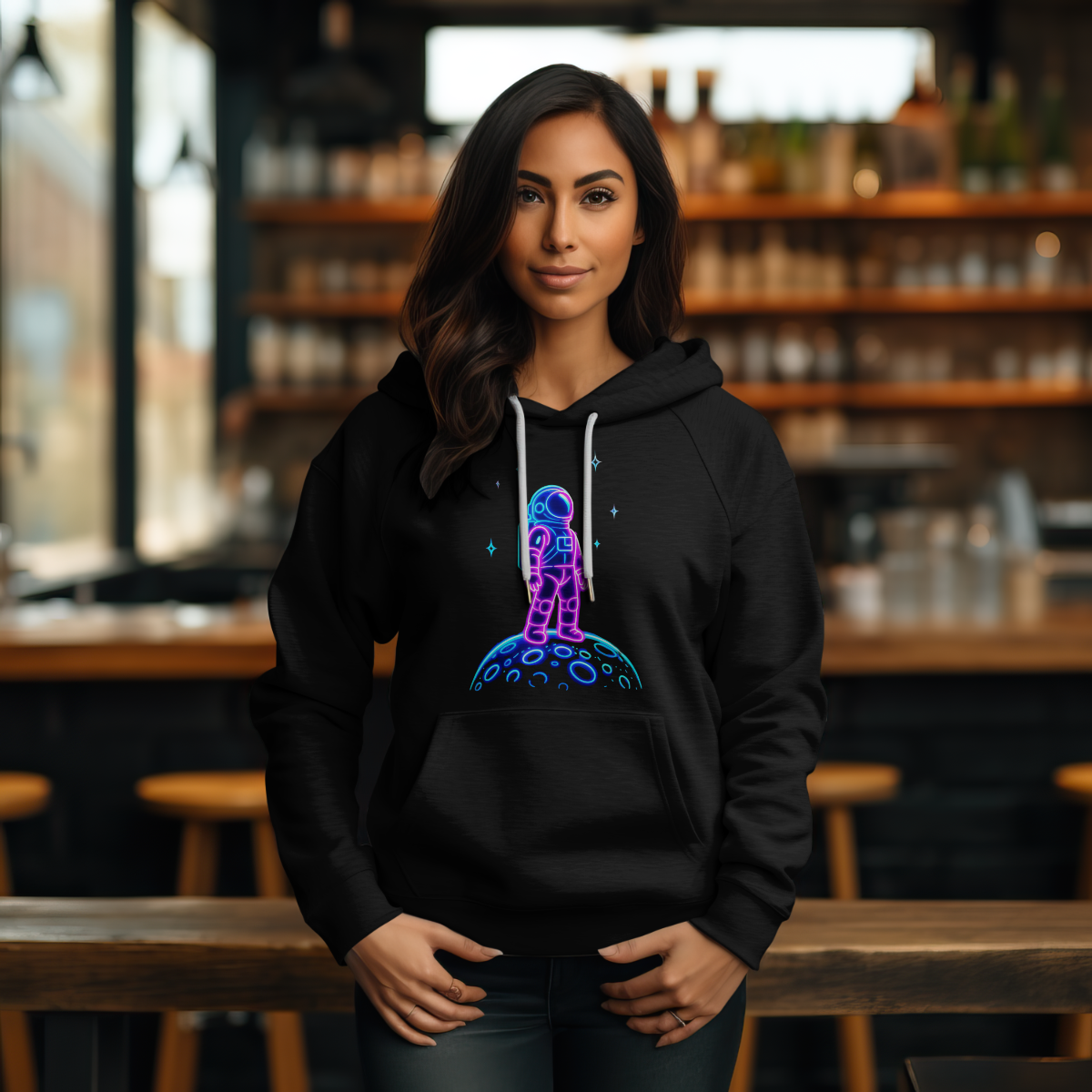 Astronaut Neon Hoodie — Retro Space Graphic Fleece Pullover