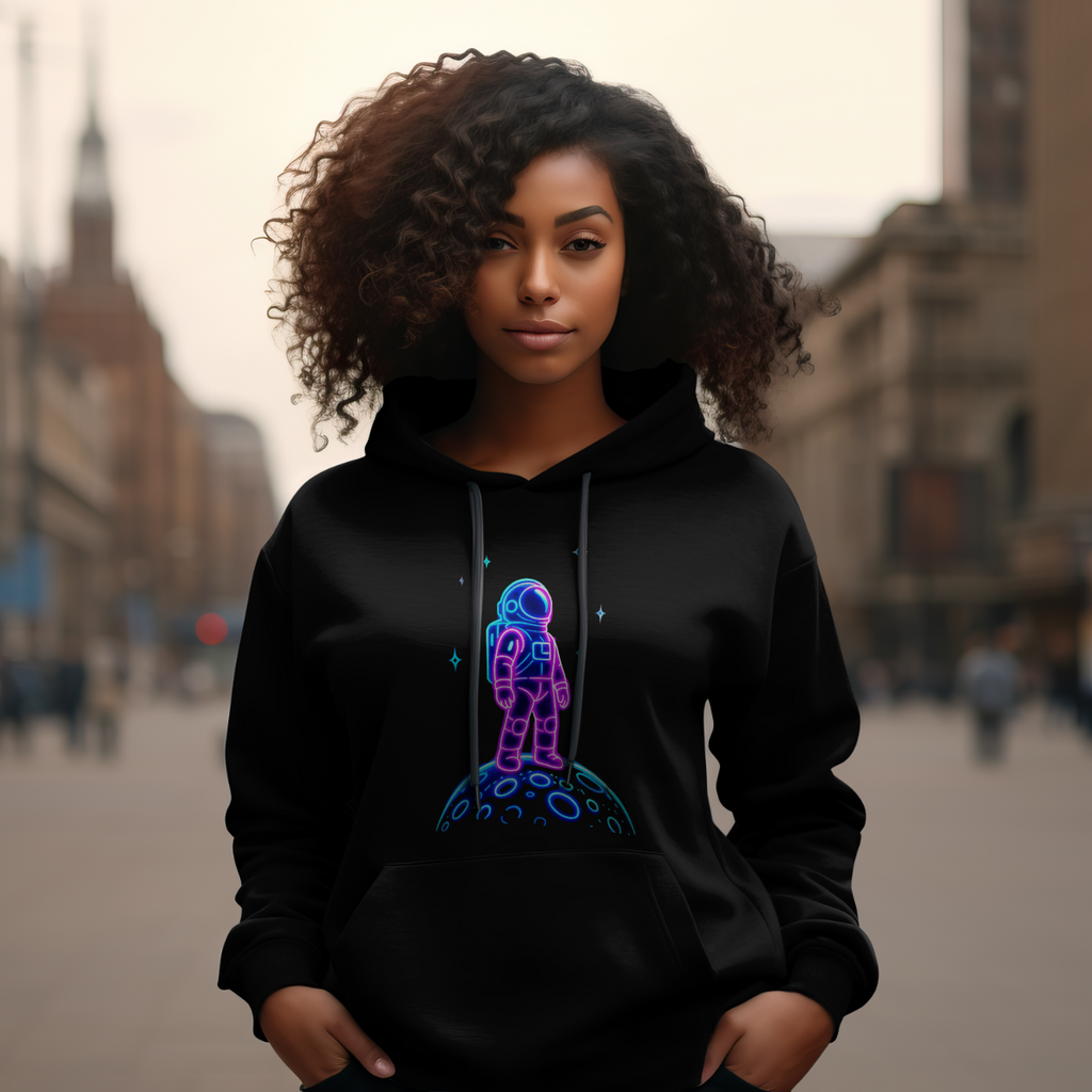 Astronaut Neon Hoodie — Retro Space Graphic Fleece Pullover