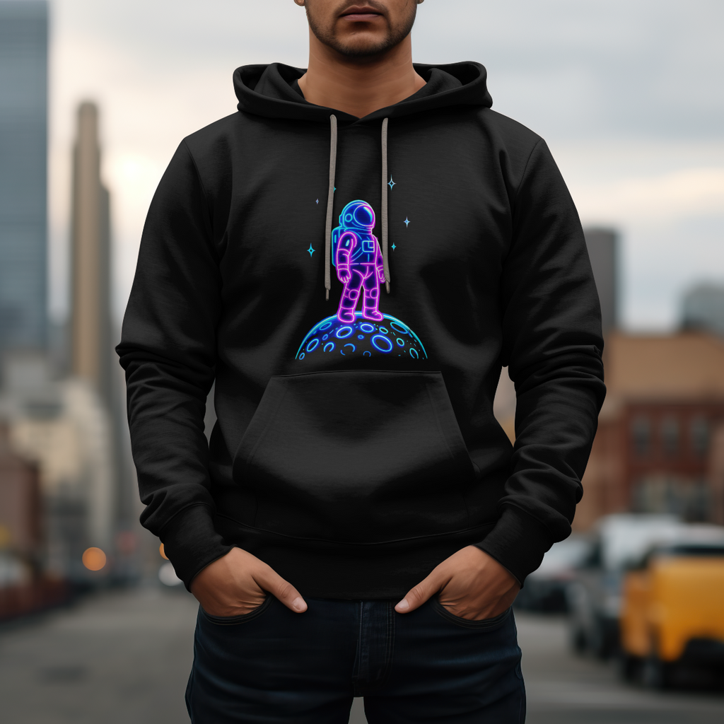 Astronaut Neon Hoodie — Retro Space Graphic Fleece Pullover